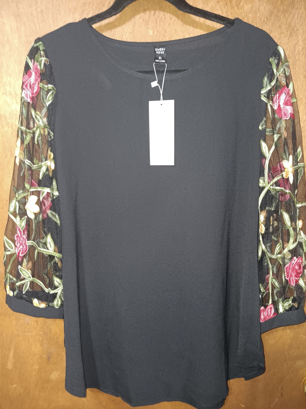 Embroidered Mesh Sleeve Black Blouse